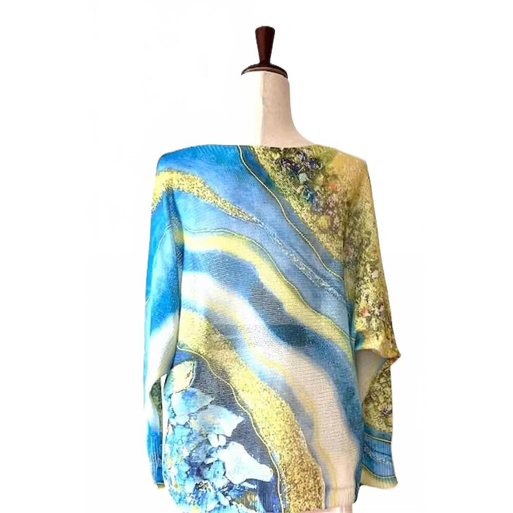 NEW LOOWIE women's umbrella round knit printed sweater in blue - Picture 2 of 4